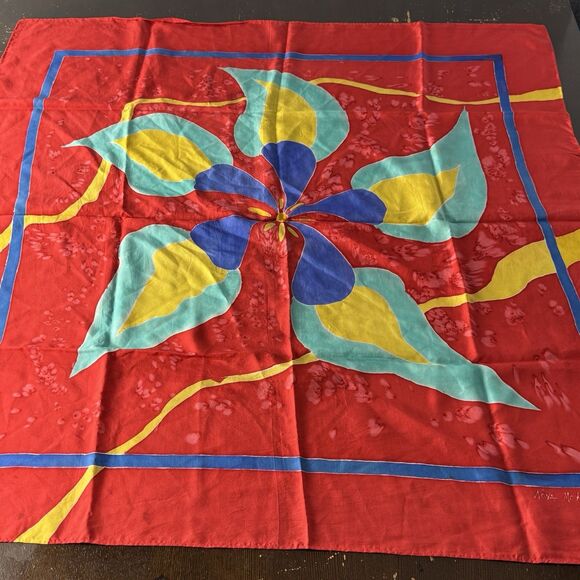 Nona McKinney Accessories - Nona McKinney Scarf 1992 34”x34” Square Two Sided Red With Yellow & Blue Floral